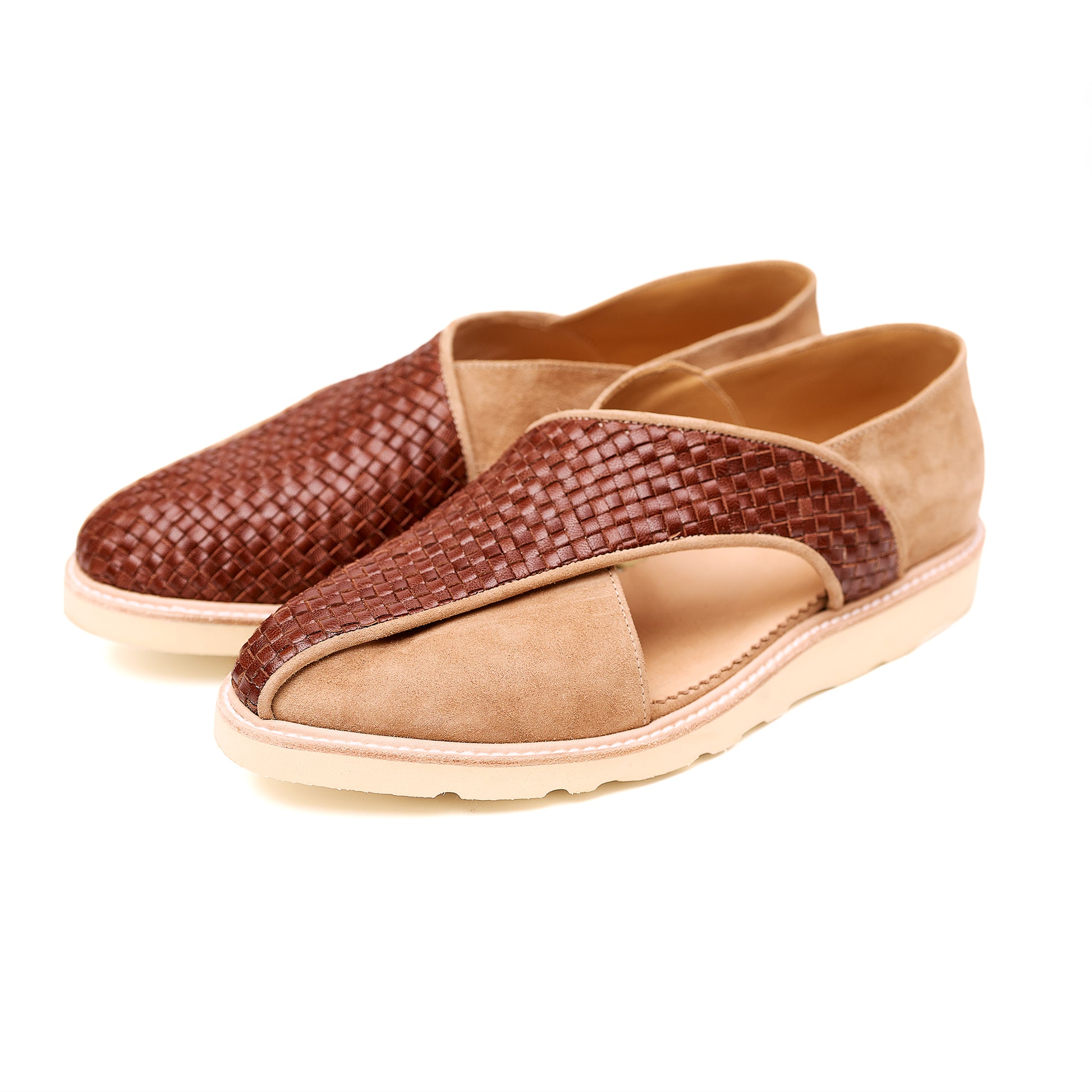 Brown woven leather and tan suede Italian dress sandals. 