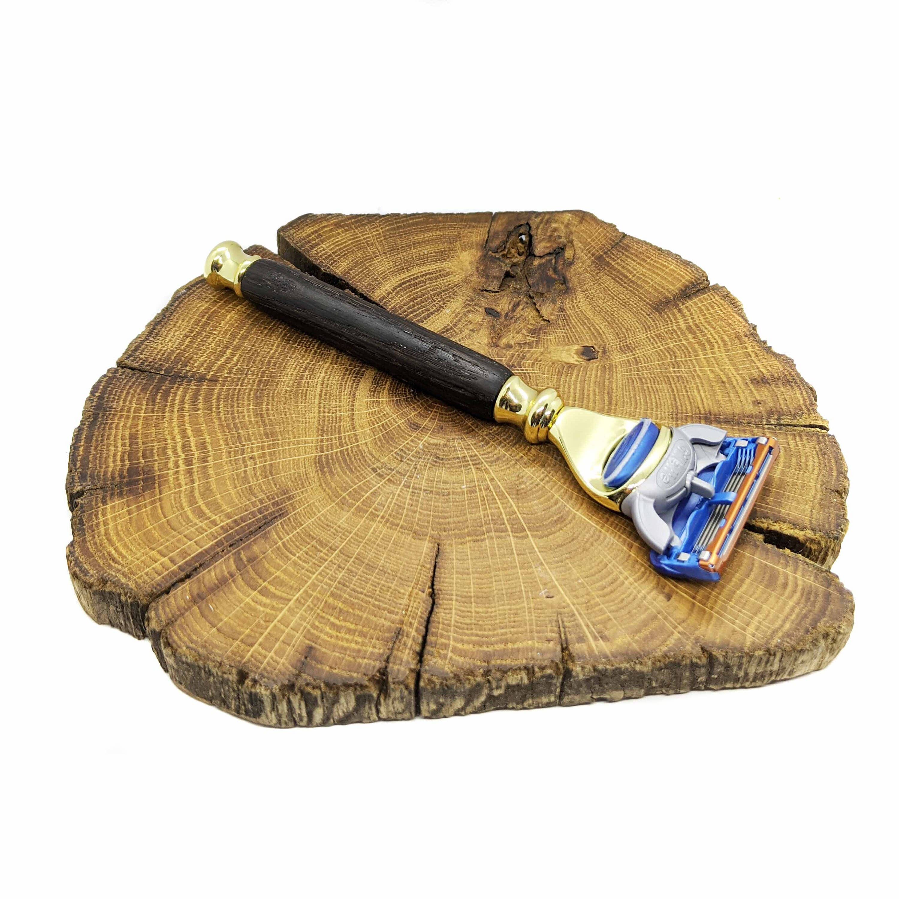 Gold Gillette fusion razor in Irish bog oak