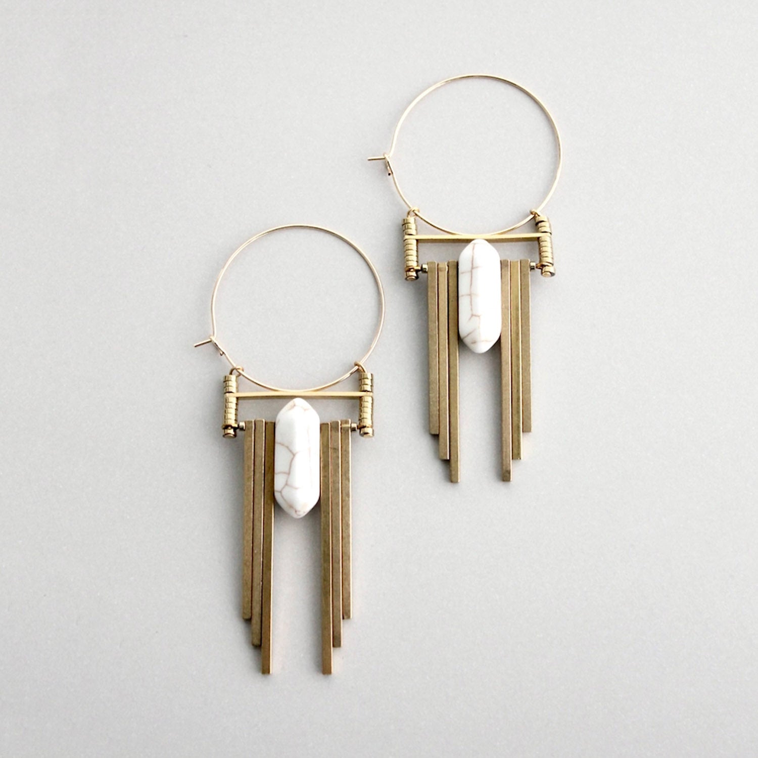 White and Brass Art Deco Hoop Earrings