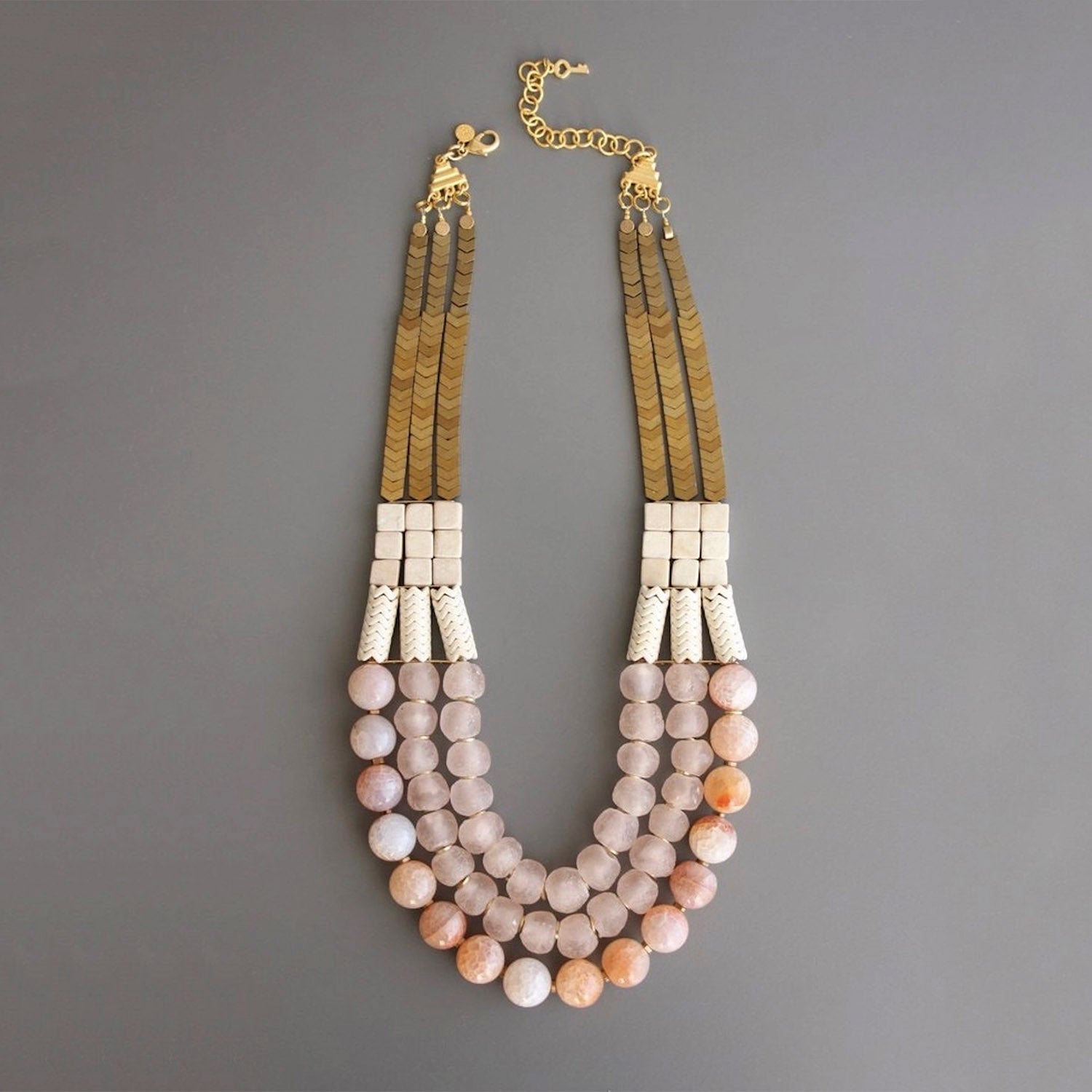 Triple Strand African Glass and Hematite Necklace