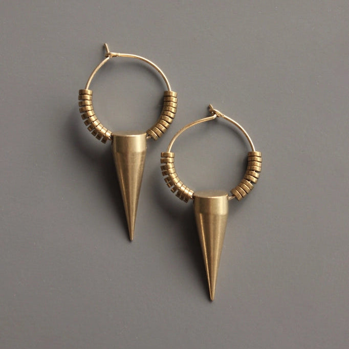 Gold plated hematite and brass spike hoop earrings