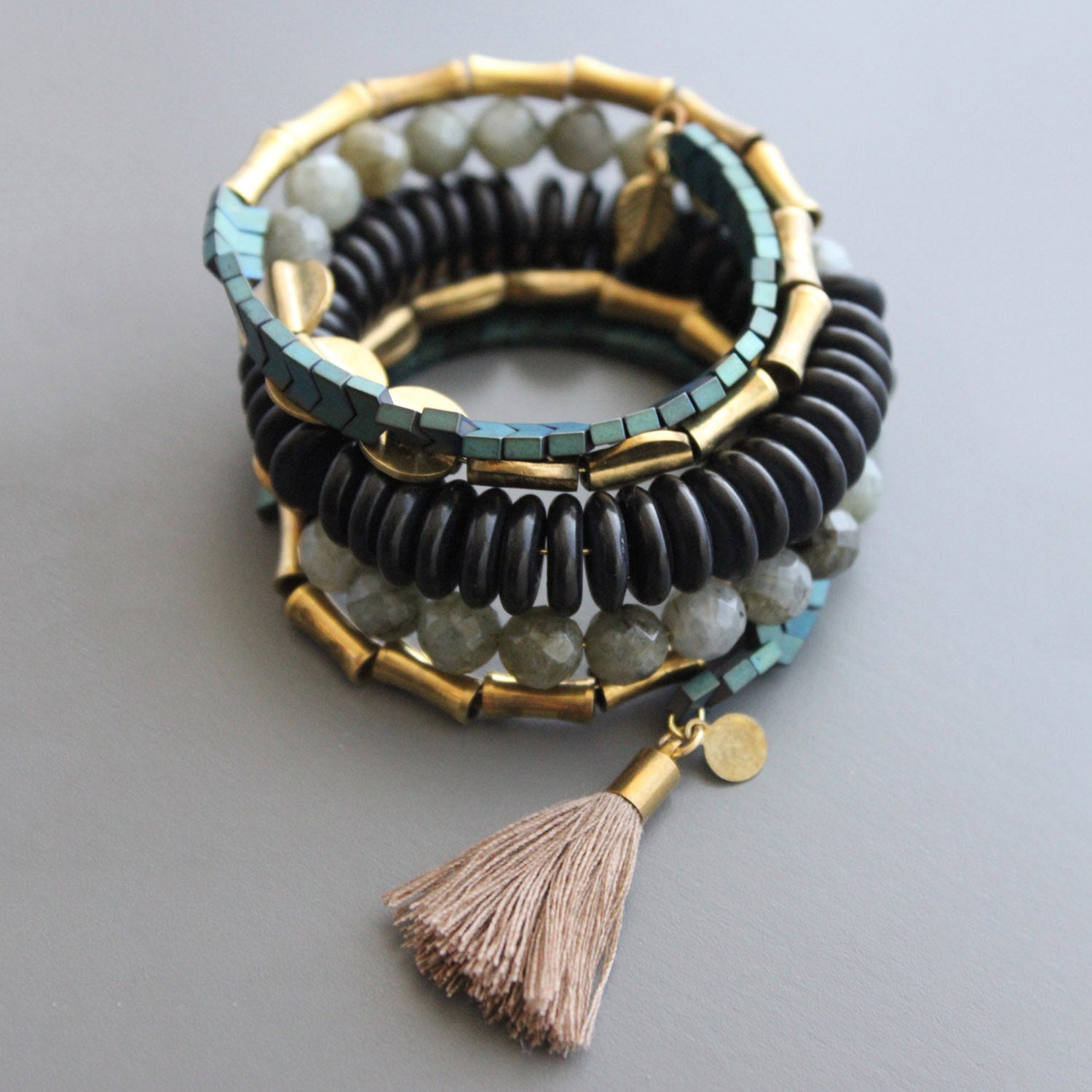 Wrap bracelet with plated hematite, brass beads, labradorite and magnesite