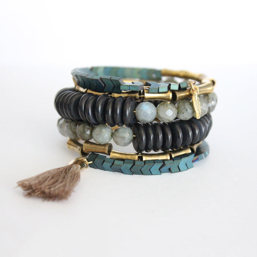 Wrap bracelet with plated hematite, brass beads, labradorite and magnesite.