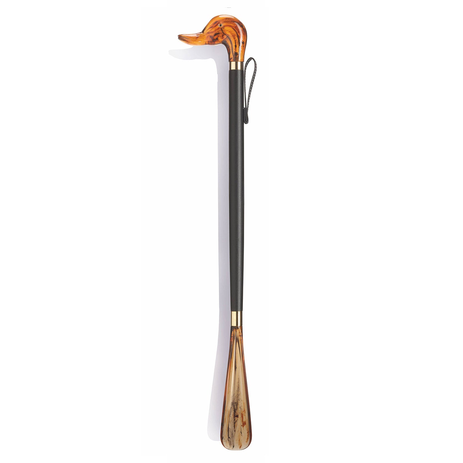 Long shoe horn with an amber Duck handle in molded acetate by Harvey Canes. 