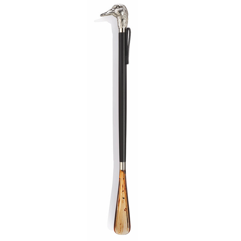 Long shoehorn with nickel plated duck head. 