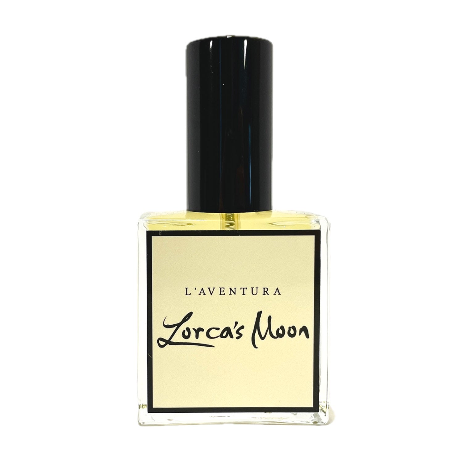 Bottle of L'Aventura "Lorca's Moon" perfume against white background. 