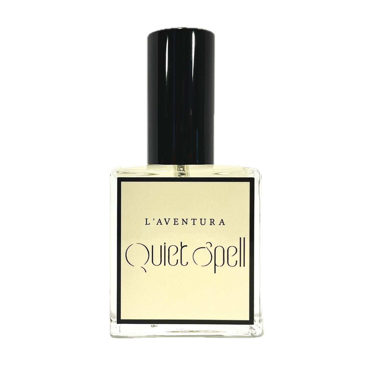 Bottle of L'Aventura "Quiet Spell" perfume against white background. 