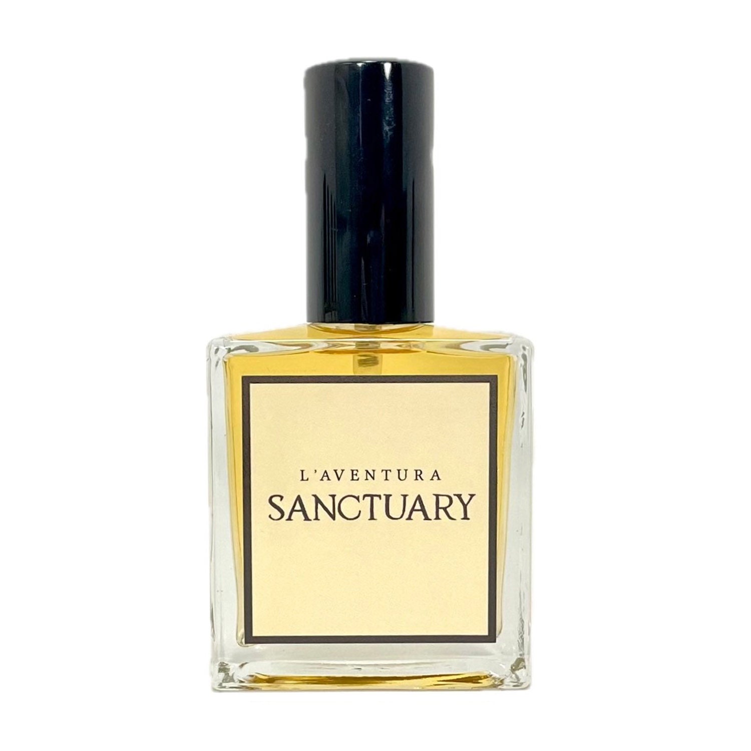 Bottle of L'Aventura "Sanctuary" perfume against white background. 