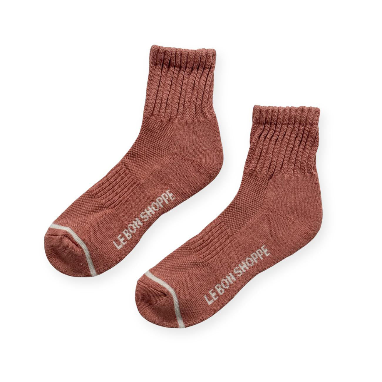 Pair or dark pink crew cut socks with Le Bon Shoppe in white on soul. 