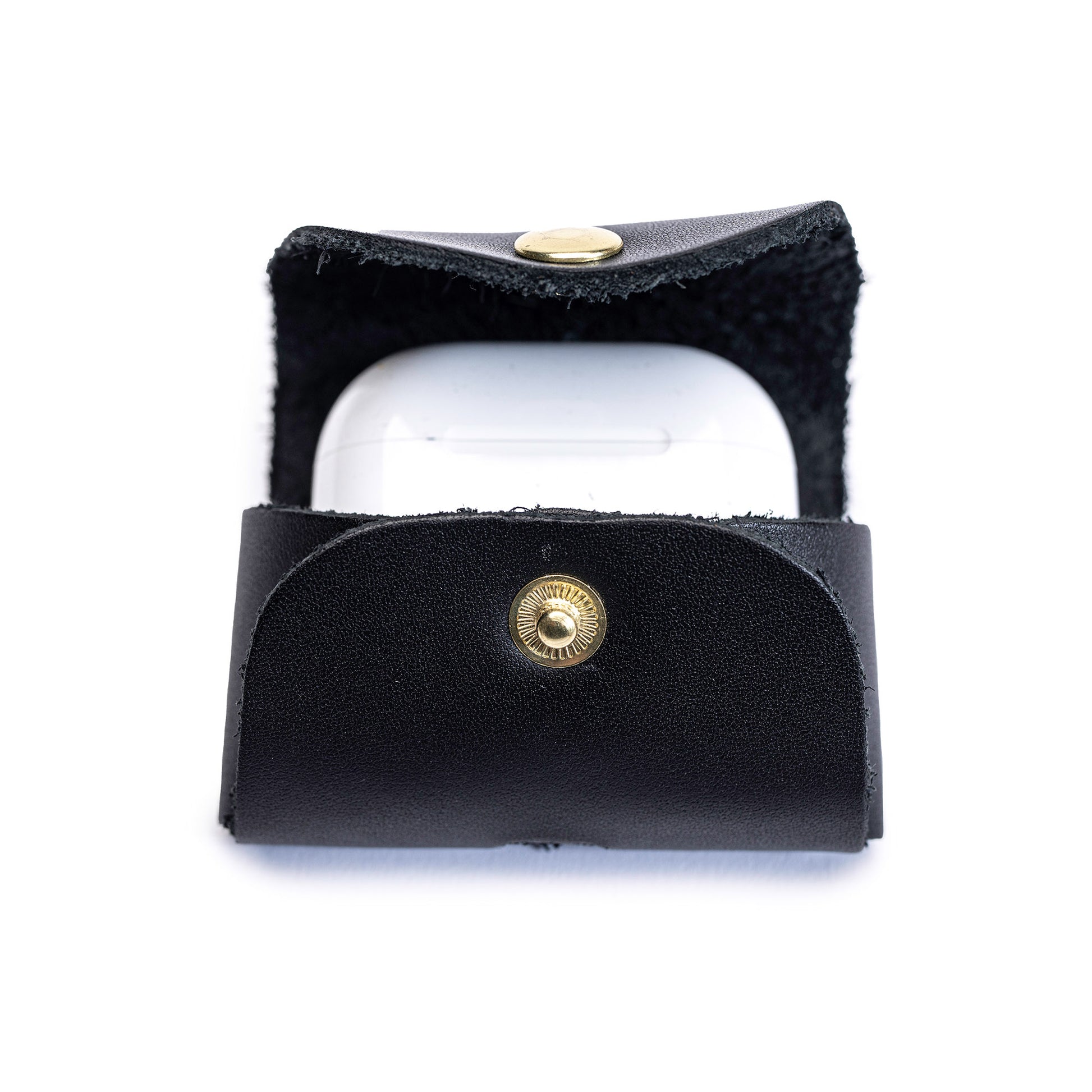 Black Leolo handmade leather Airpod case against white background. 