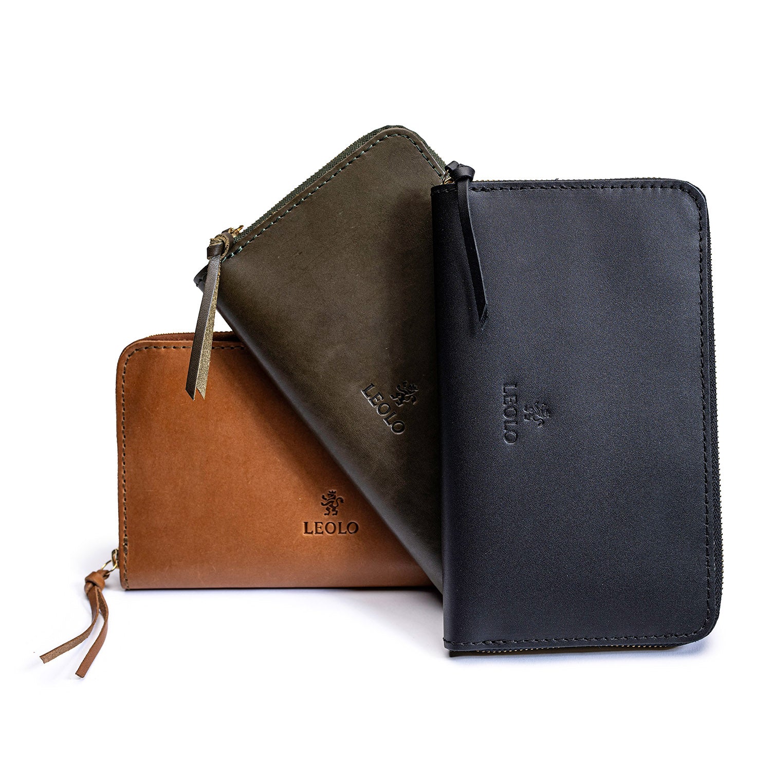 A tan, olive green and black leather zip around wallet by Leolo, with Leolo branding. 