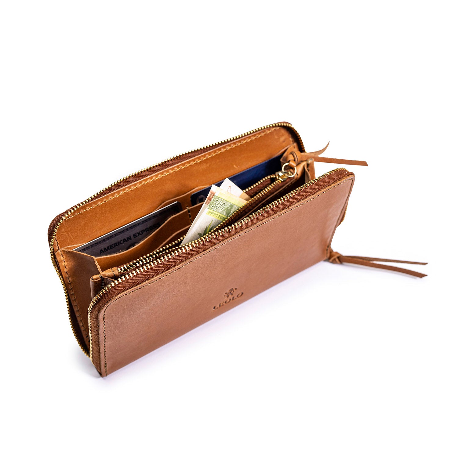 Tan leather Leolo zip around wallet, on a white background, open with money inside. 