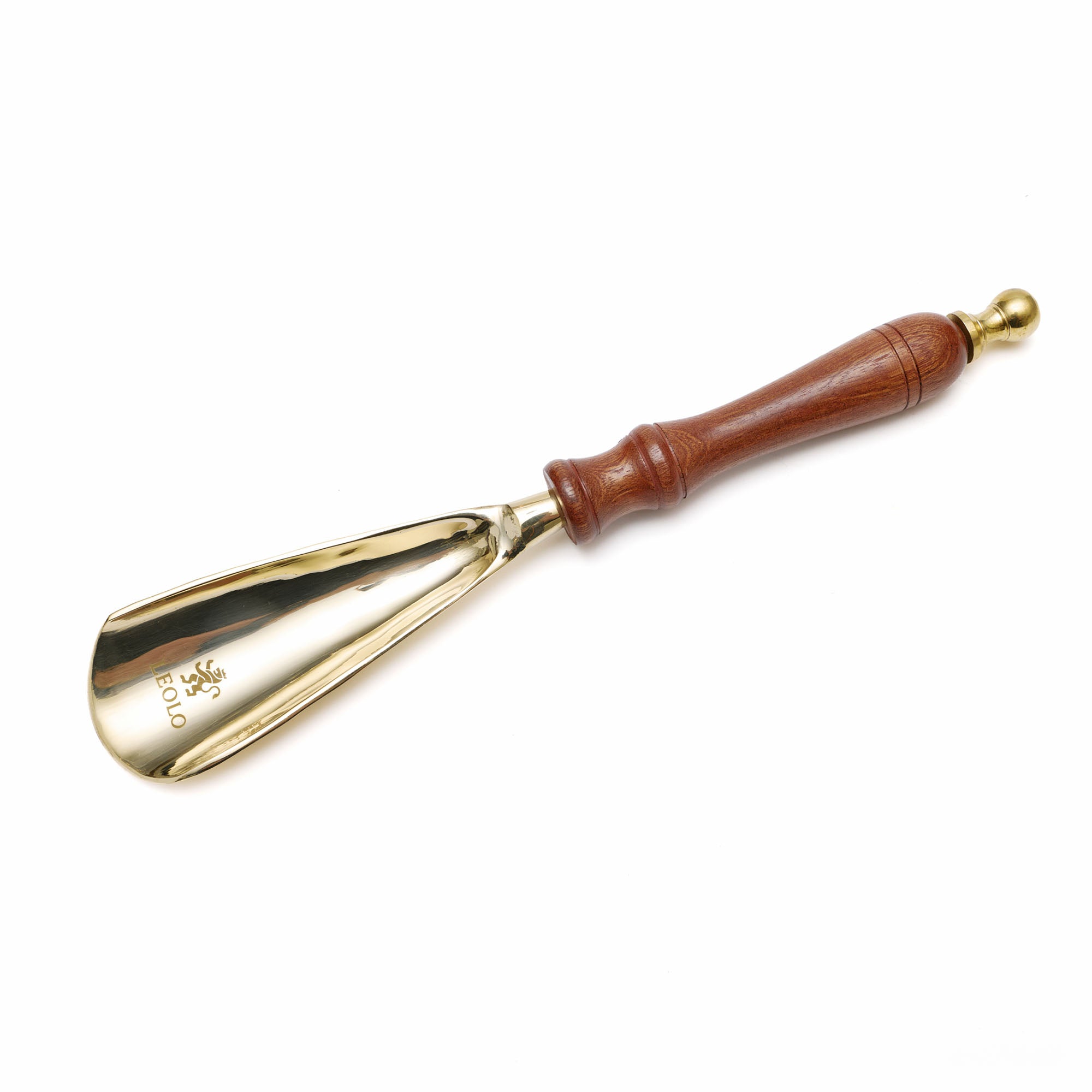 Small gold and wood shoe horn with leolo logo. 