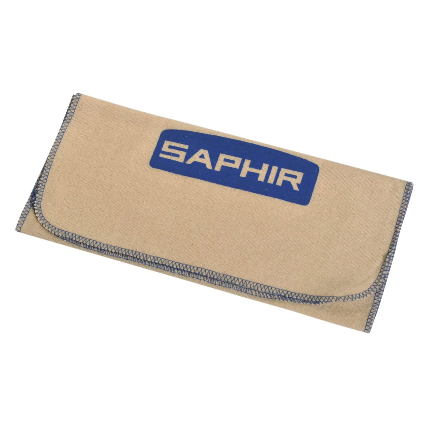 Beige shoe cleaning cloth with blue Saphir logo. 