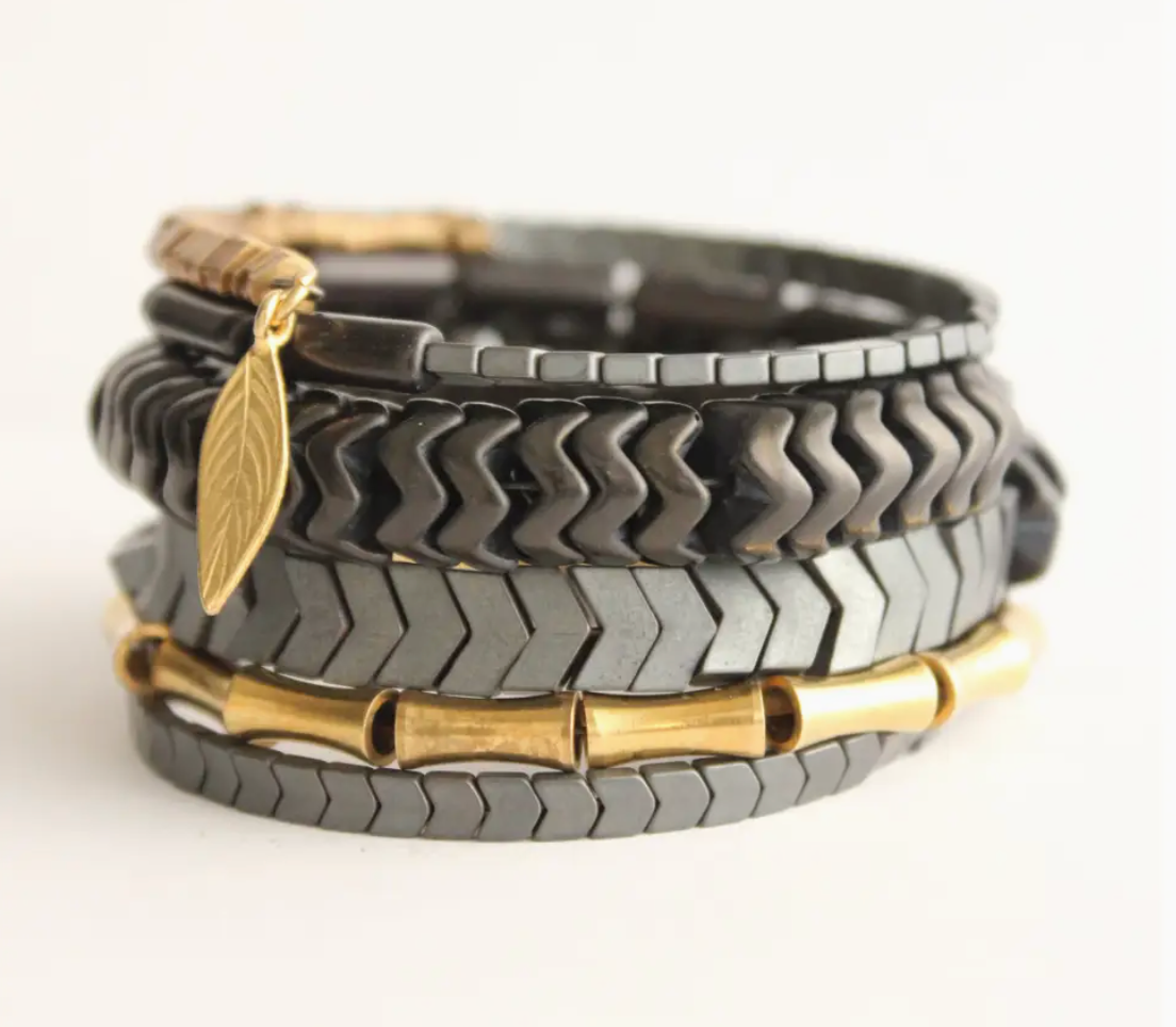 Black Stone and Brass Wrap Bracelet