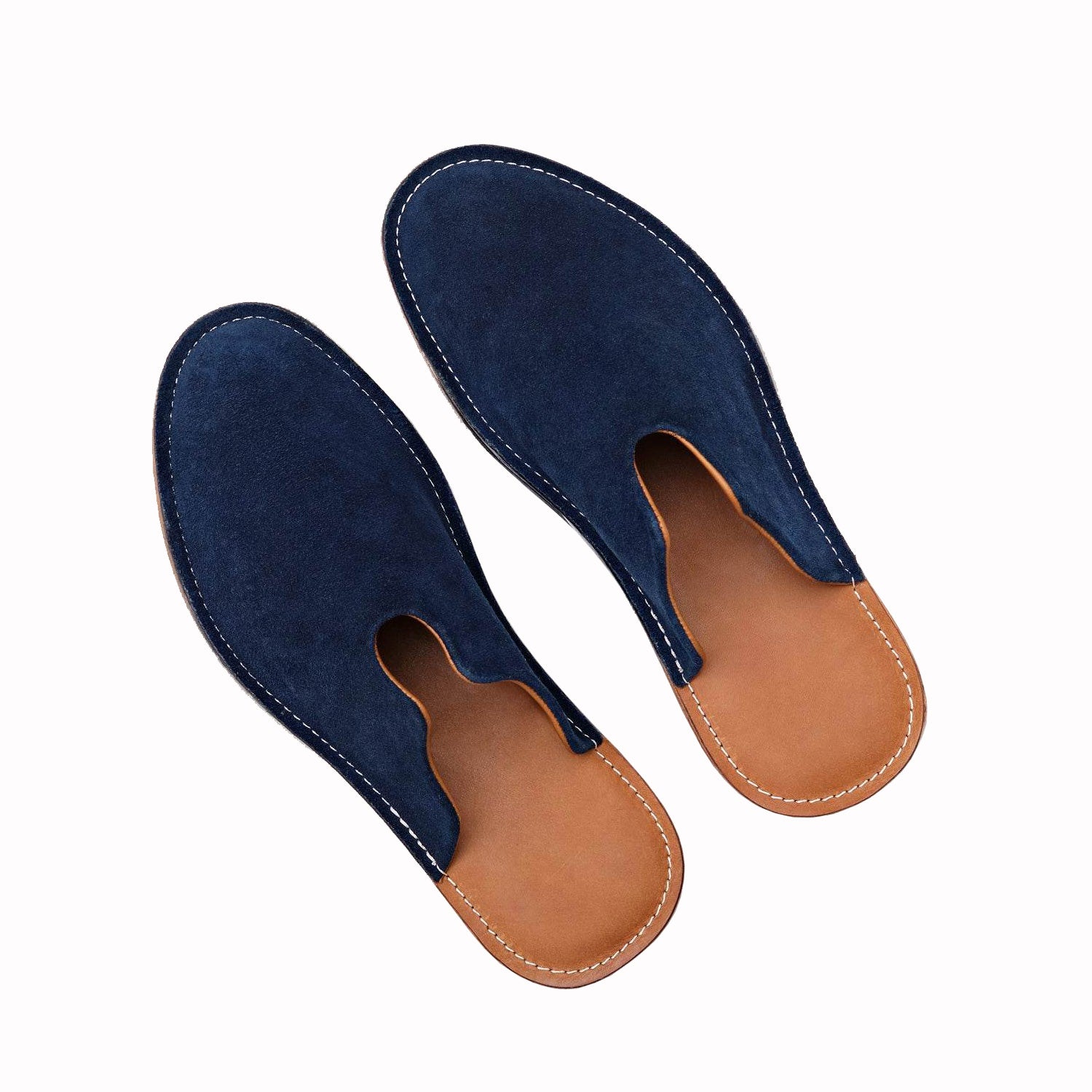 A pair of navy blue Mr. Grumpy suede slippers by WP Standards. 
