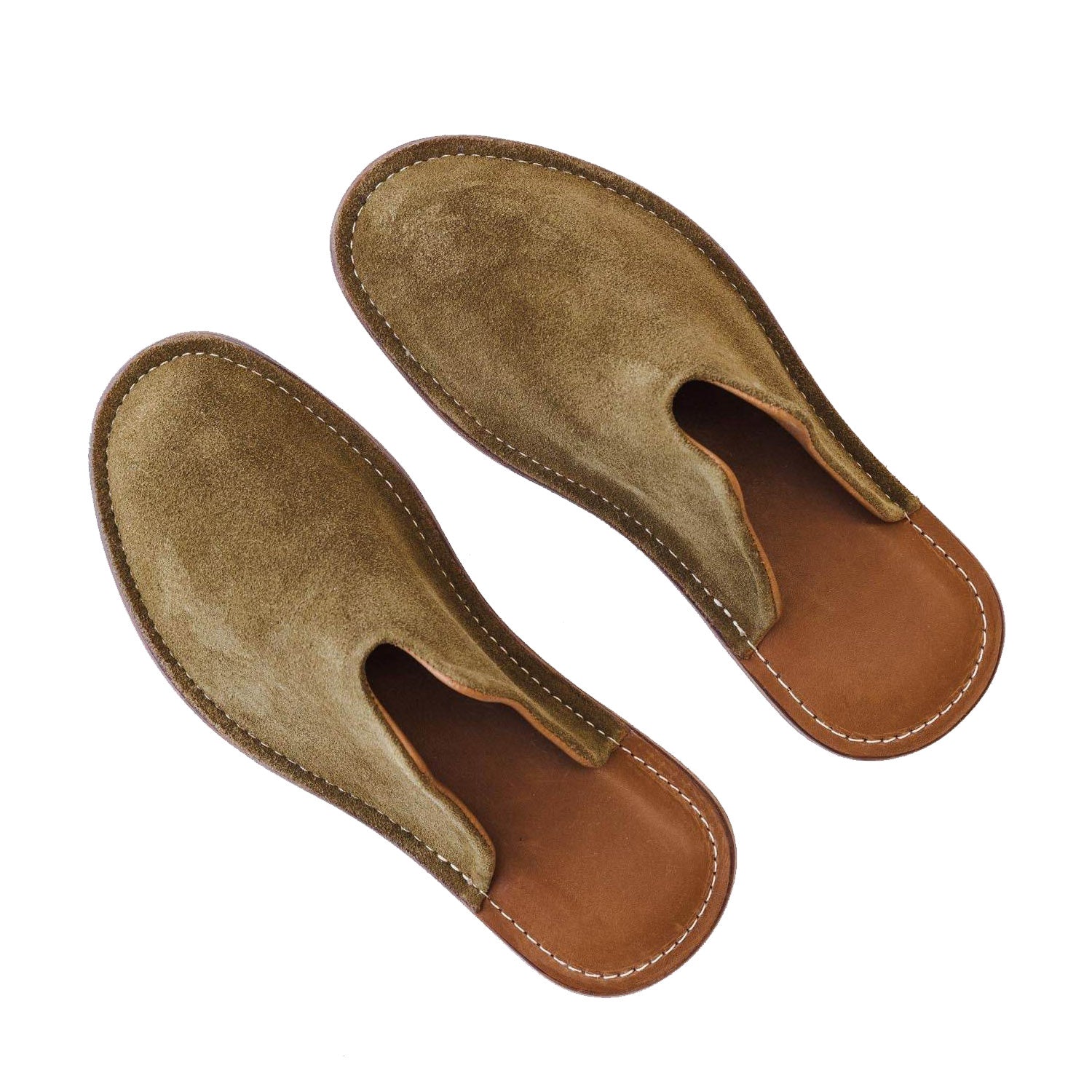 A pair of olive Mr. Grumpy suede slippers by WP Standards. 