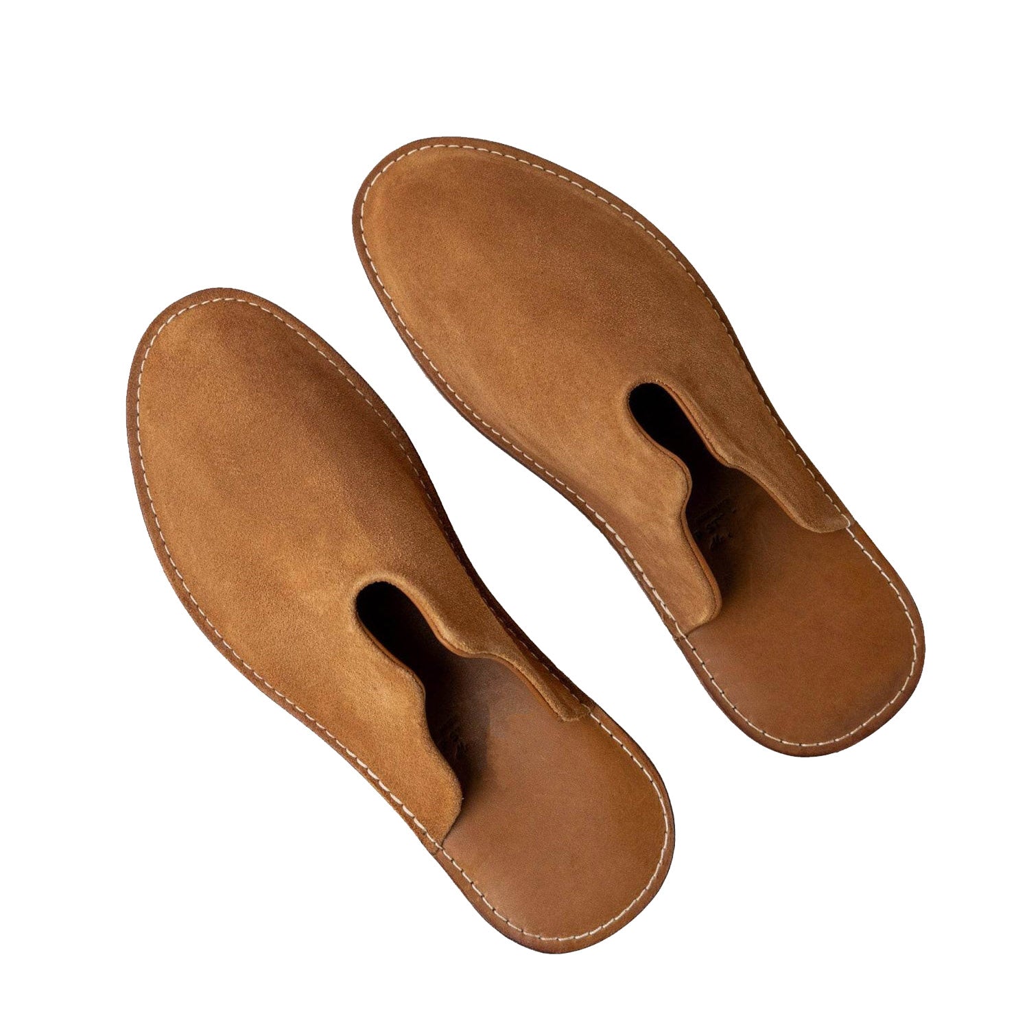 A pair of tan Mr. Grumpy suede slippers by WP Standards. 