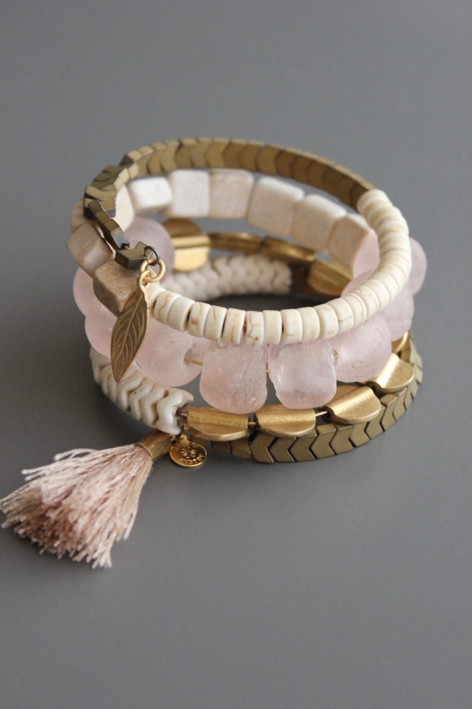 Ghana glass and white stone wrap bracelet