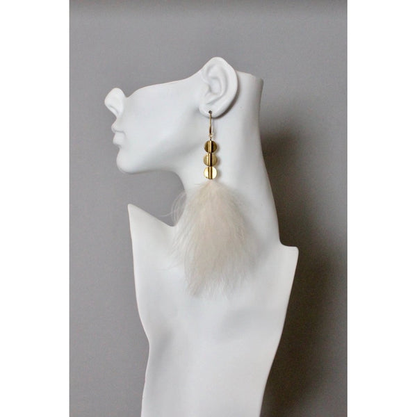 Blush feather and brass disc earrings