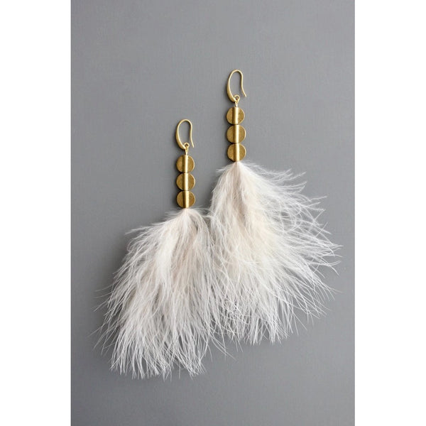 Blush feather and brass disc earrings