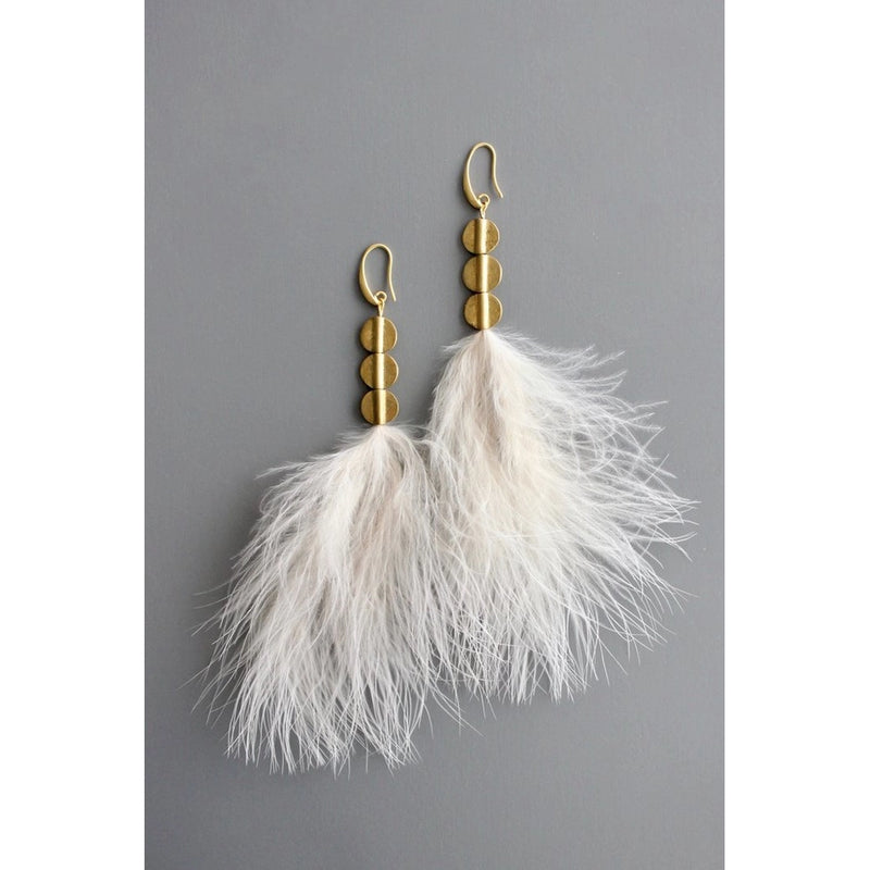 Blush feather and brass disc earrings