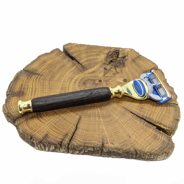 Gold Gillette fusion razor in Irish bog oak