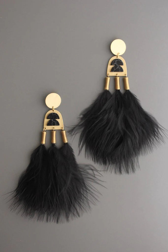Geometric Black Feather Shoulder Duster Earrings