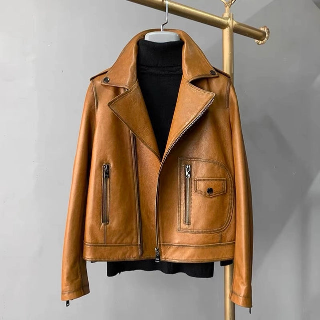 Tan Vintage Lambskin Leather Biker Jacket