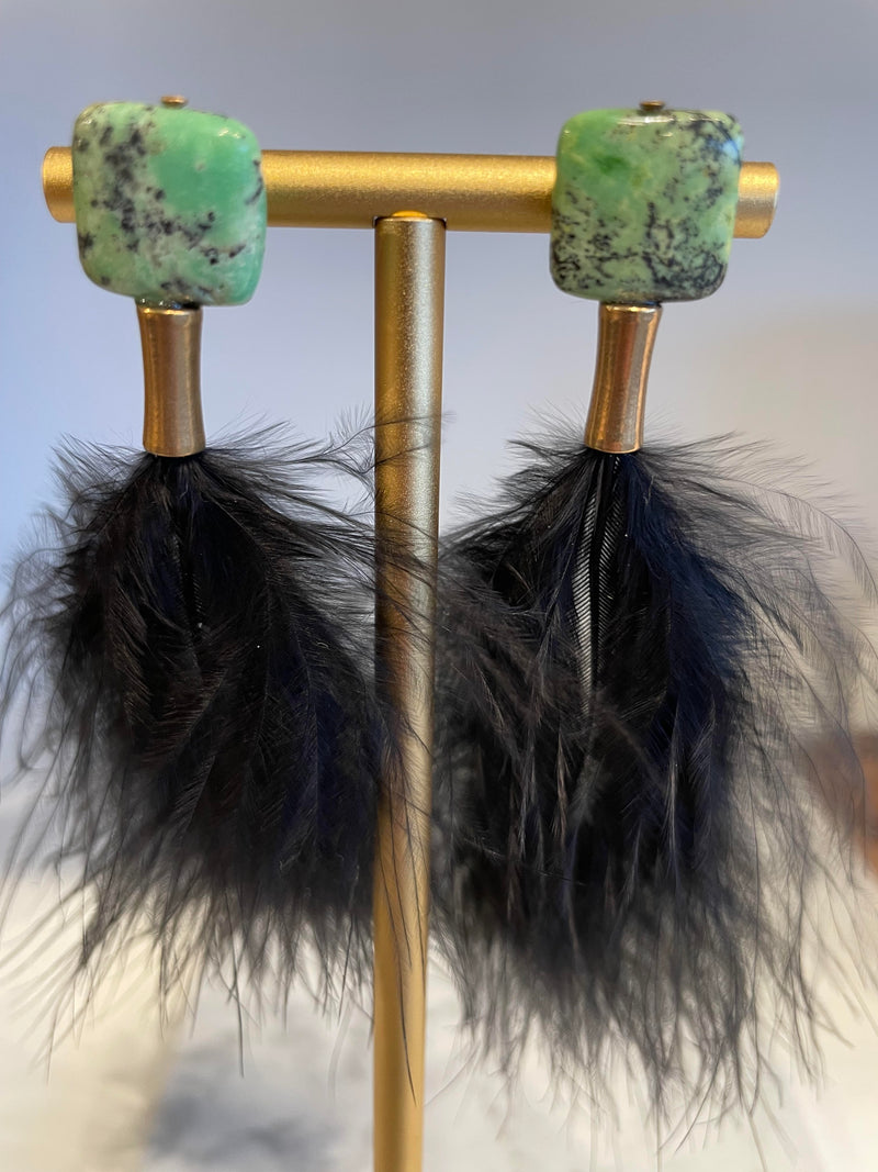 Black feather earrings with jasper