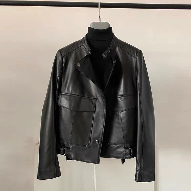 Black Vintage Washed Sheepskin Women's Leather Jacket