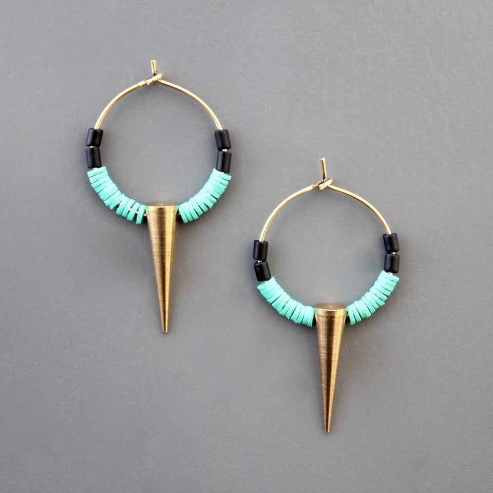 Green Vulcanite and Brass Spike Hoop Earrings